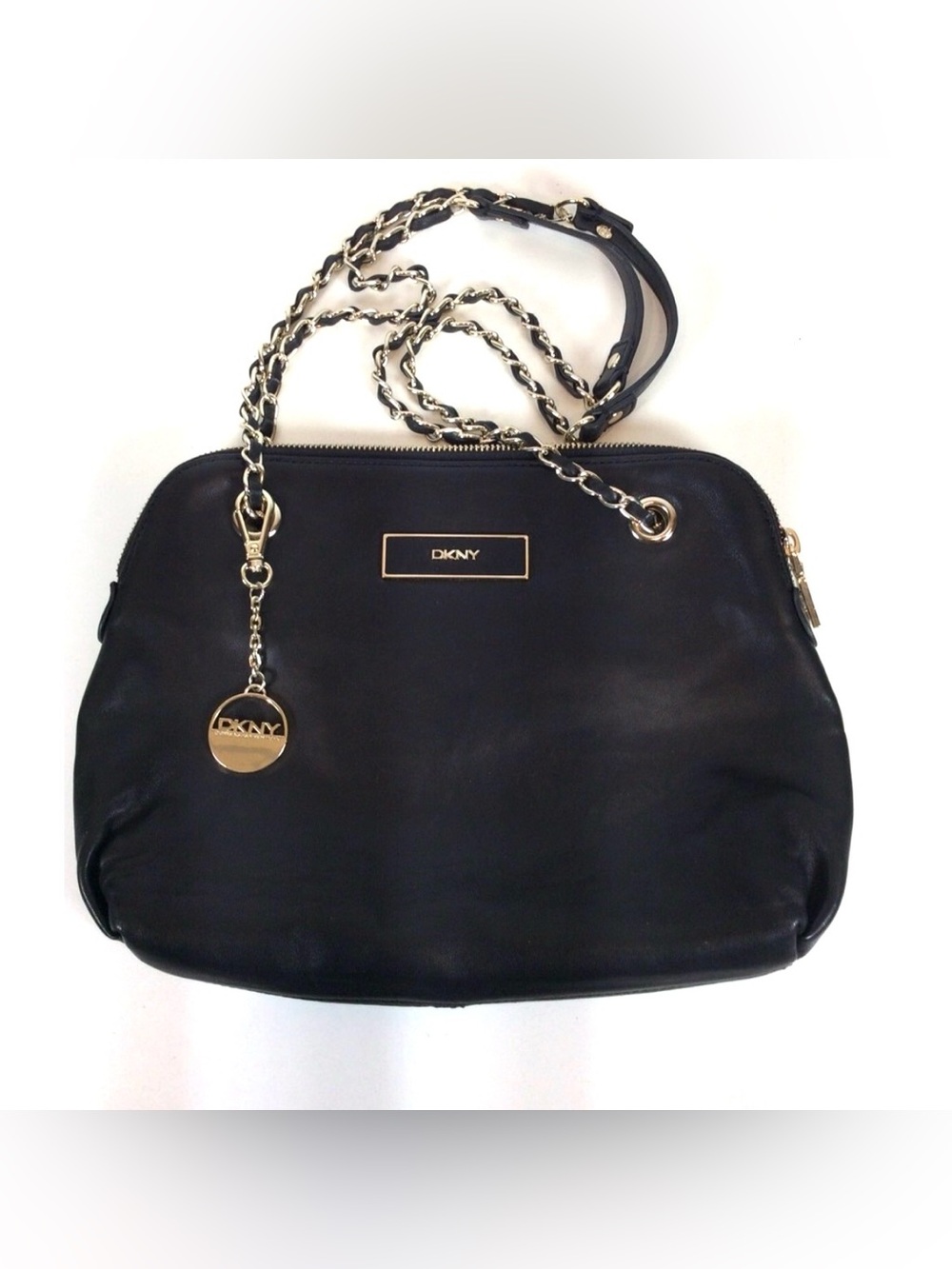 DKNY Black Leather Shoulder Bag with Gold Chain Strap and Logo Charm
